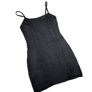 H&M Divided Black Denim Mini Dress Spaghetti Straps Side Zip Bodycon Party Small